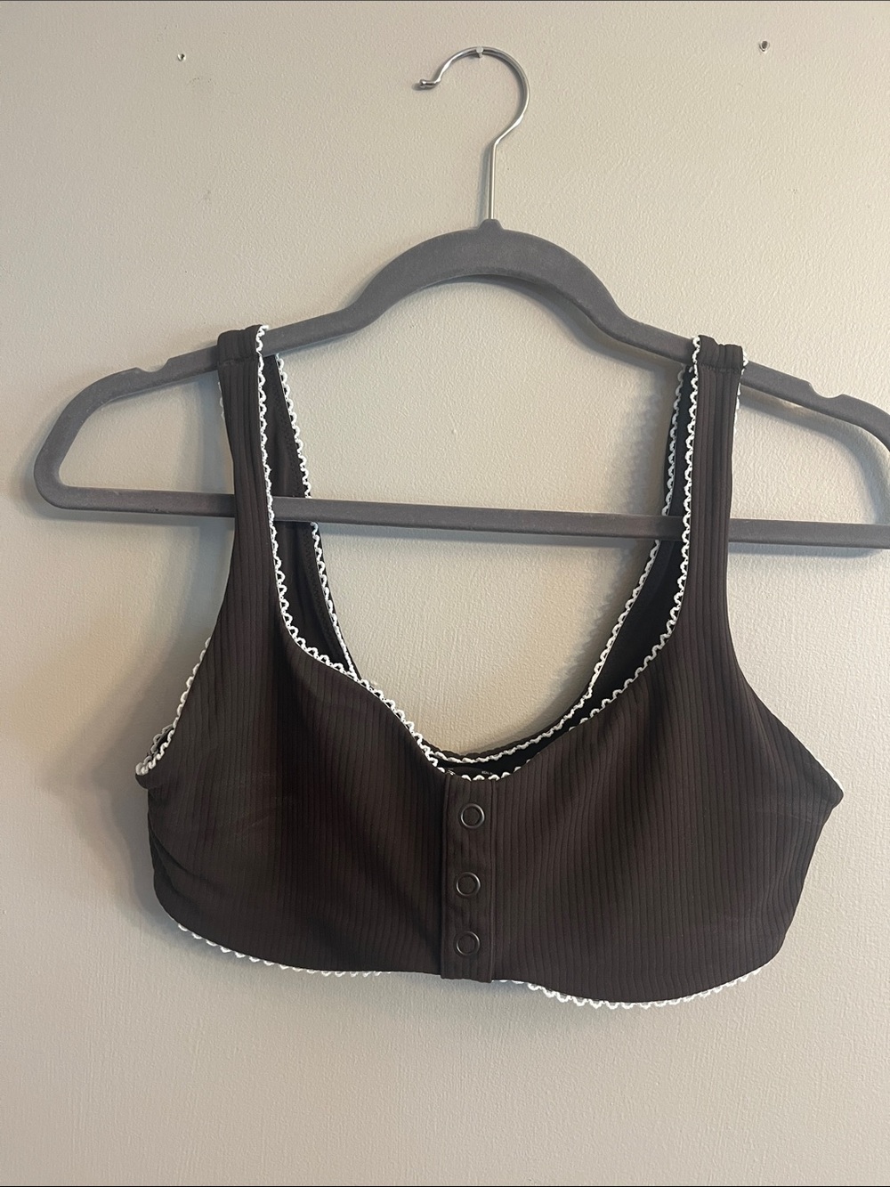 Offline by Aerie Brown Ribbed Button-Front Bralette with White Scallop Trim